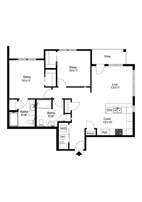 Floor plan for 2 beds, 2 baths, 1121 sqft